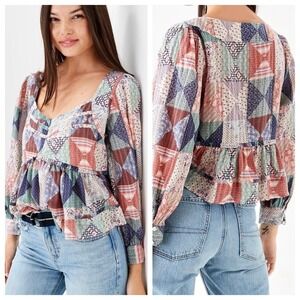 American Eagle Womens Boho Patchwork Colorful Babydoll Flowy Top‎ Blouse Size XS